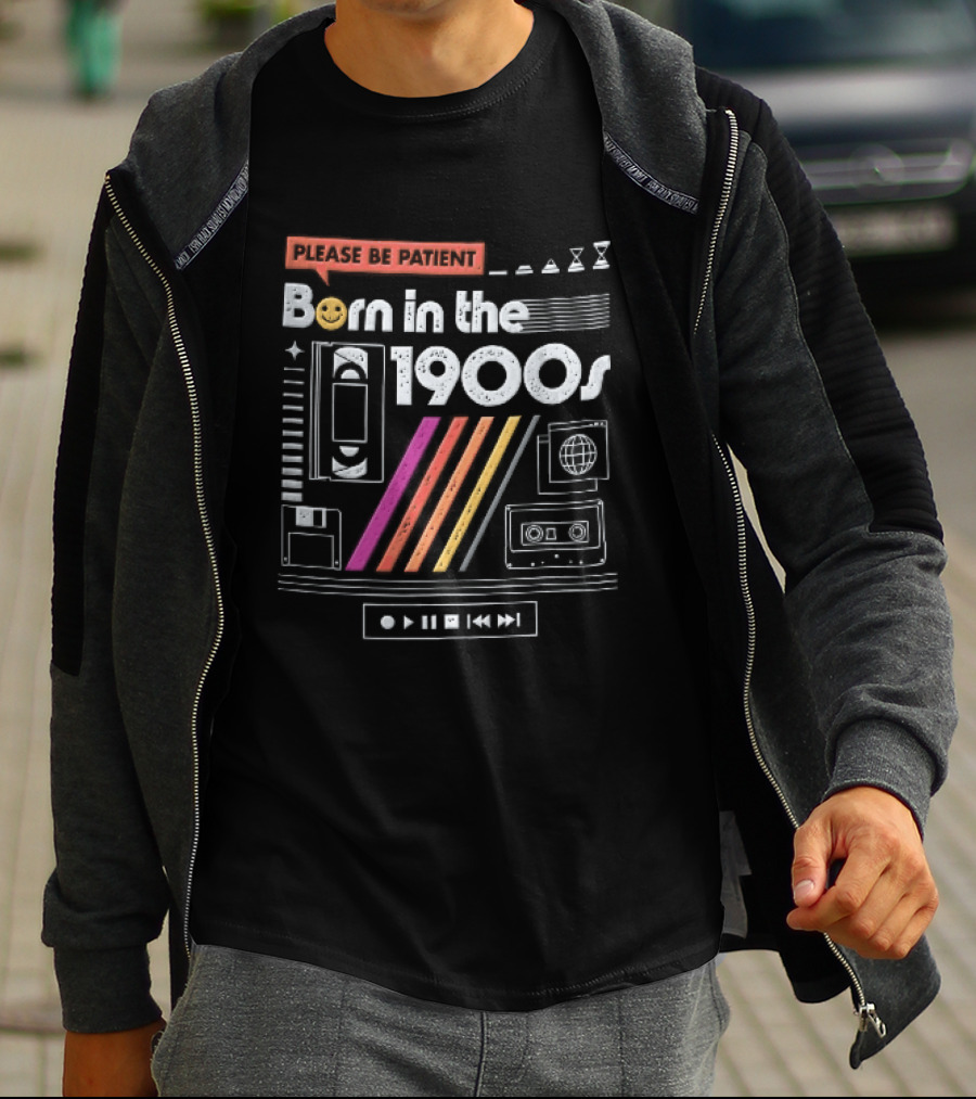 Please Be Patient Born In The 1900s VHS Tape Cassette Floppy Disk Colorful Stripes Retro Technology T-Shirt