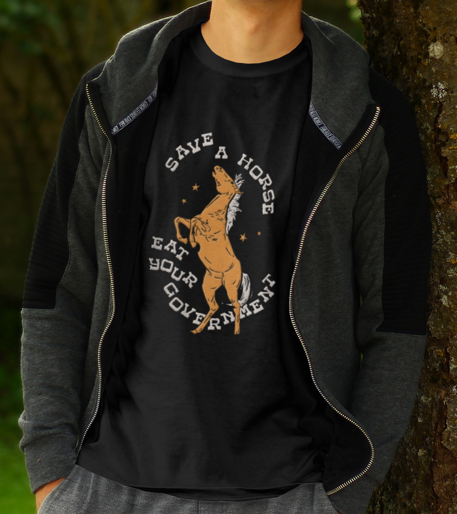 Save A Horse Eat Your Government Rearing Orange Stallion Woodcut Stars T-Shirt