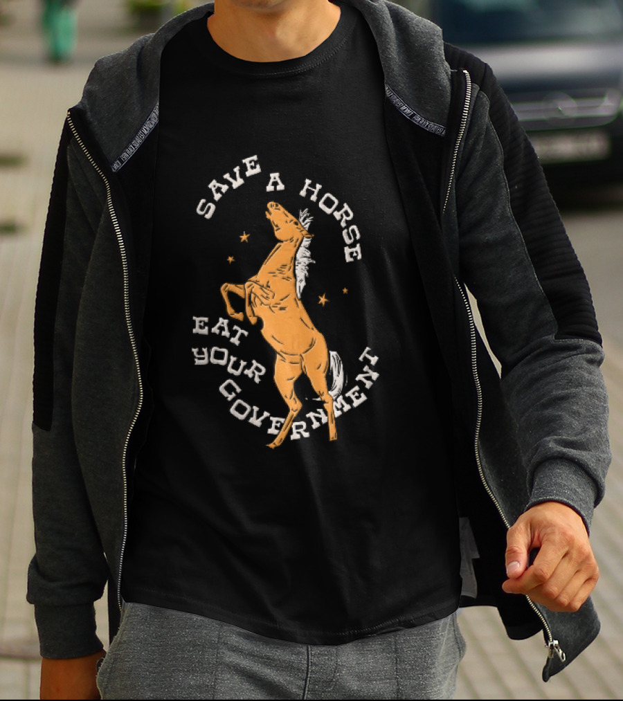 Save A Horse Eat Your Government Rearing Orange Stallion Woodcut Stars T-Shirt