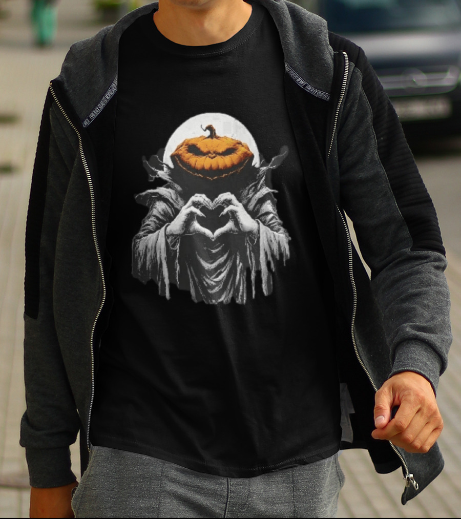 Scary Jack O Lantern Hooded Cloak Heart Hands Full Moon T-Shirt