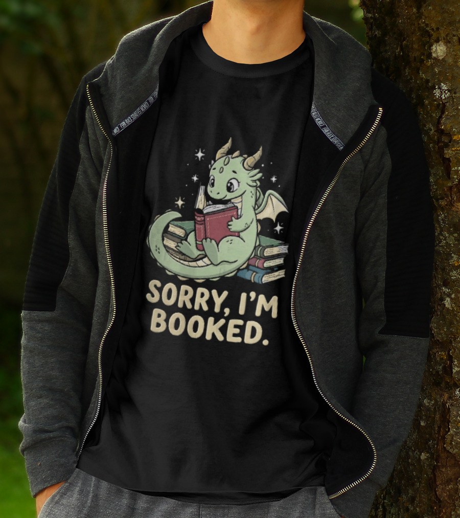 Sorry I'm Booked Cartoon Green Dragon Reading Book With Stars T-Shirt