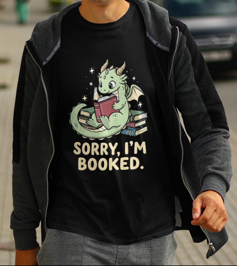 Sorry I'm Booked Cartoon Green Dragon Reading Book With Stars T-Shirt