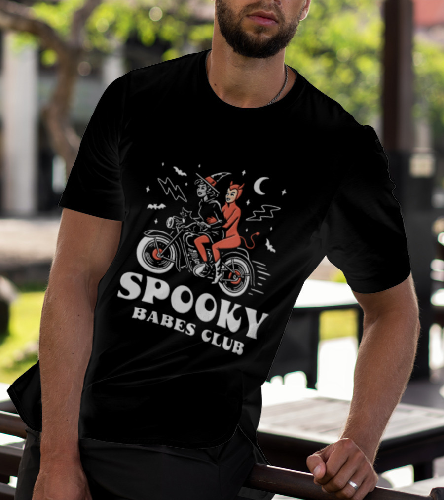 Spooky Babes Club Halloween Witch And Devil Motorcycle Riding T-Shirt