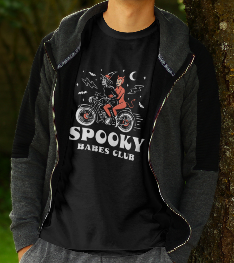 Spooky Babes Club Halloween Witch And Devil Motorcycle Riding T-Shirt