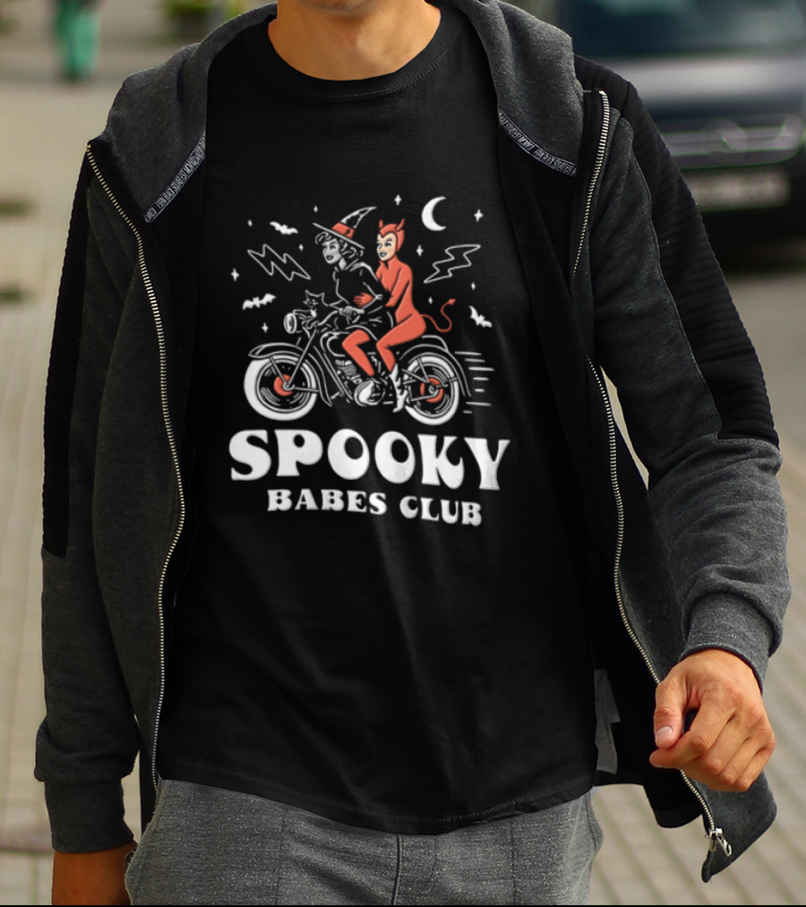 Spooky Babes Club Halloween Witch And Devil Motorcycle Riding T-Shirt