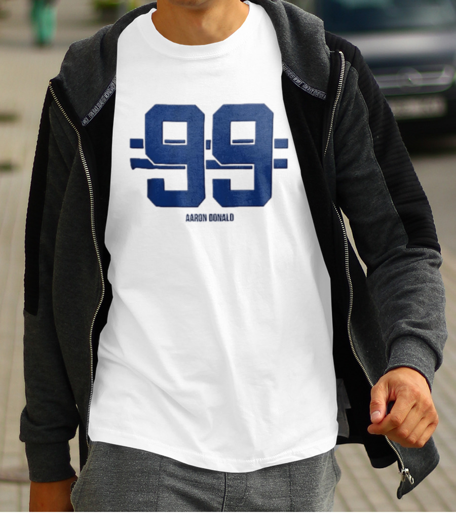 Aaron Donald 99 Blue Jersey Number Block Lettering Horizontal Stripes T-Shirt