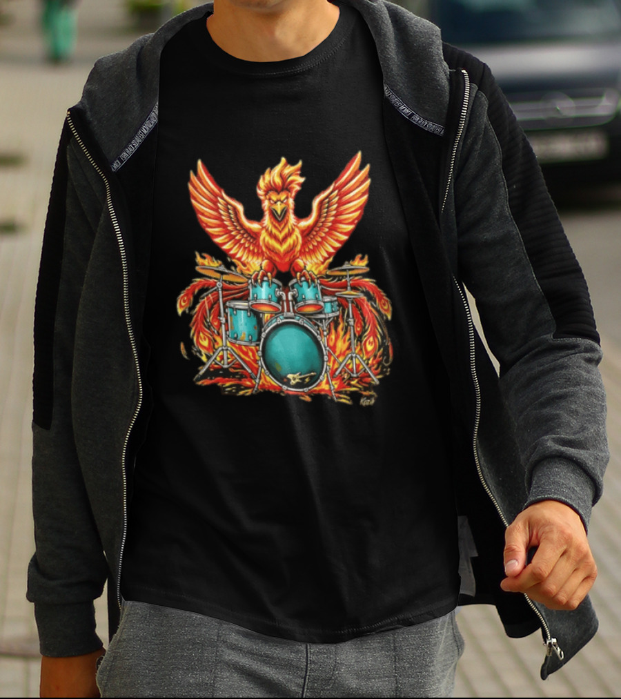 Kozik Phoenix Drummer Rock Drums Fiery Percussion Mythical Bird T-Shirt