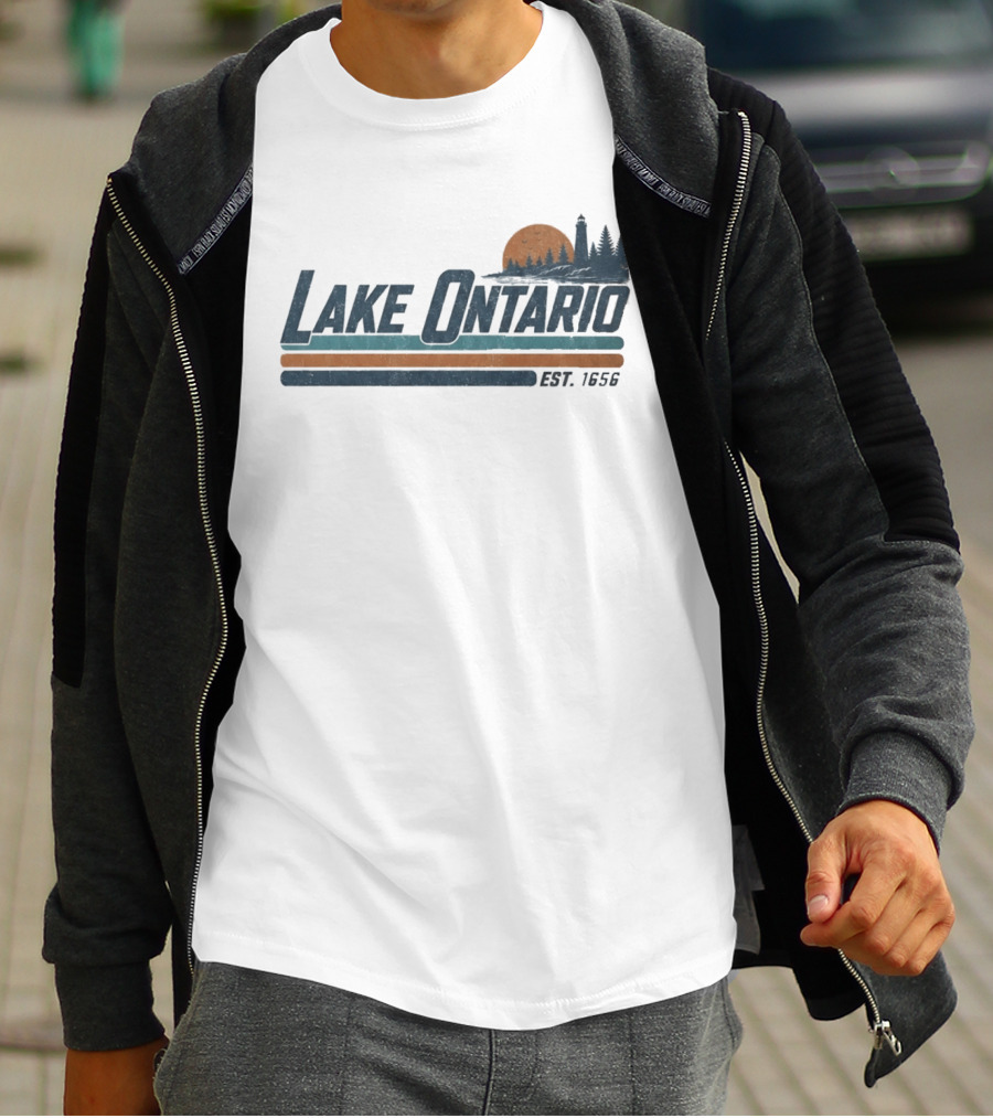 Lake Ontario Established 1956 Vintage Stripe Sunset With Lighthouse And Trees T-Shirt