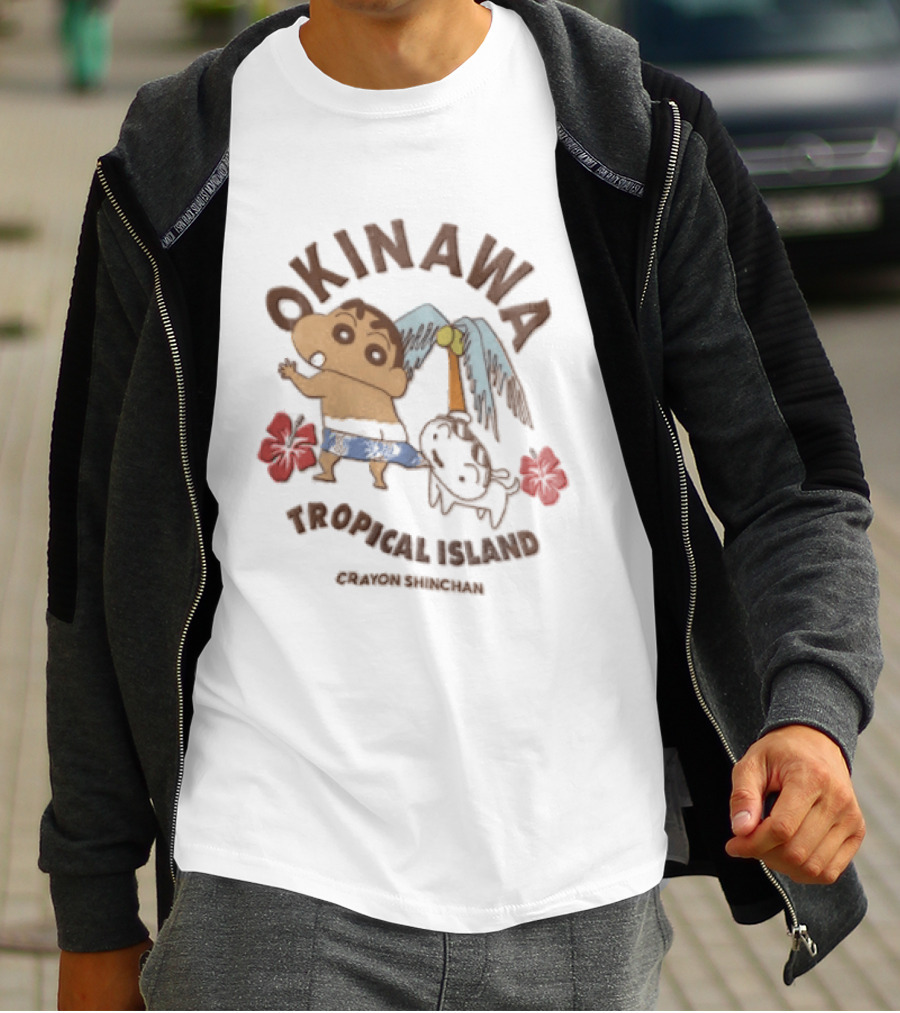 Okinawa Tropical Island Crayon Shinchan Hibiscus Palms Adventure T-Shirt