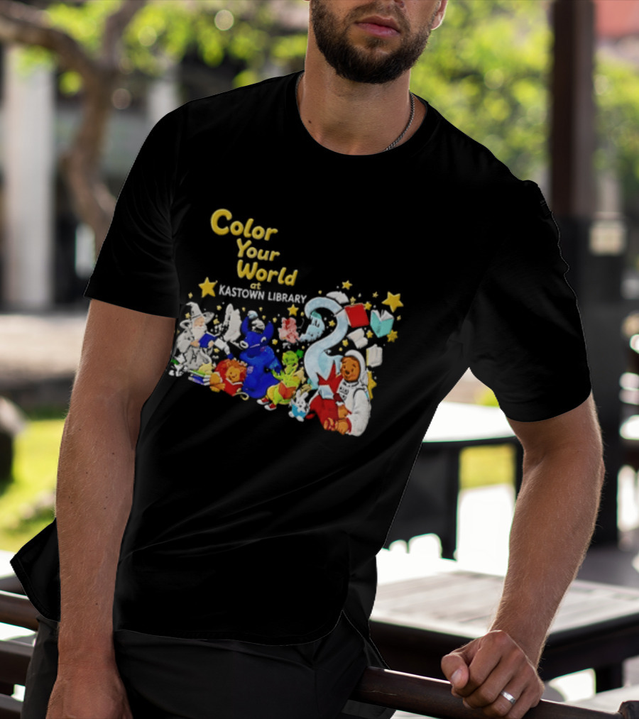 Color Your World At Kastown Library With Reading Books And Vibrant Characters T-Shirt