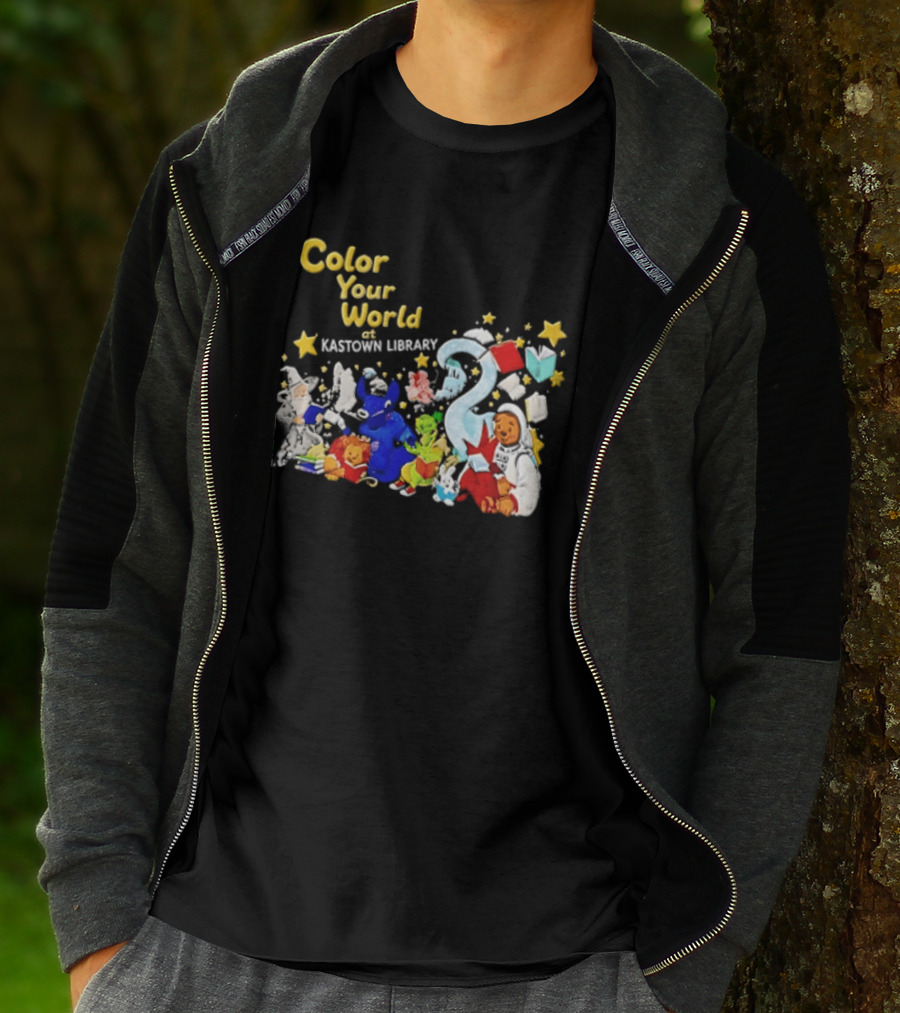 Color Your World At Kastown Library With Reading Books And Vibrant Characters T-Shirt