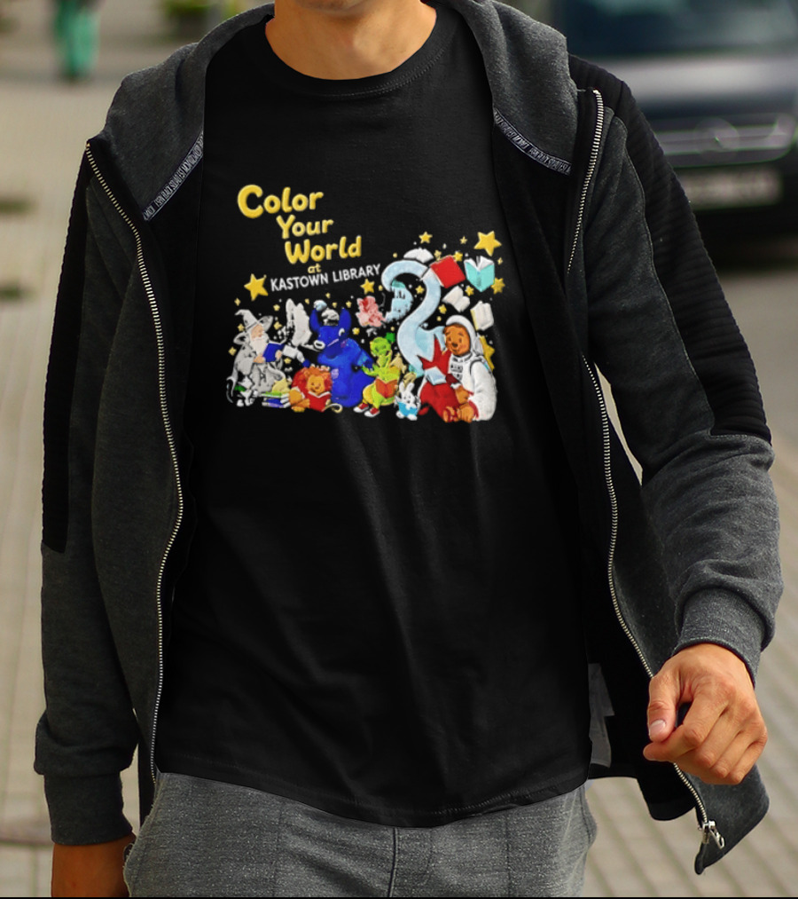 Color Your World At Kastown Library With Reading Books And Vibrant Characters T-Shirt