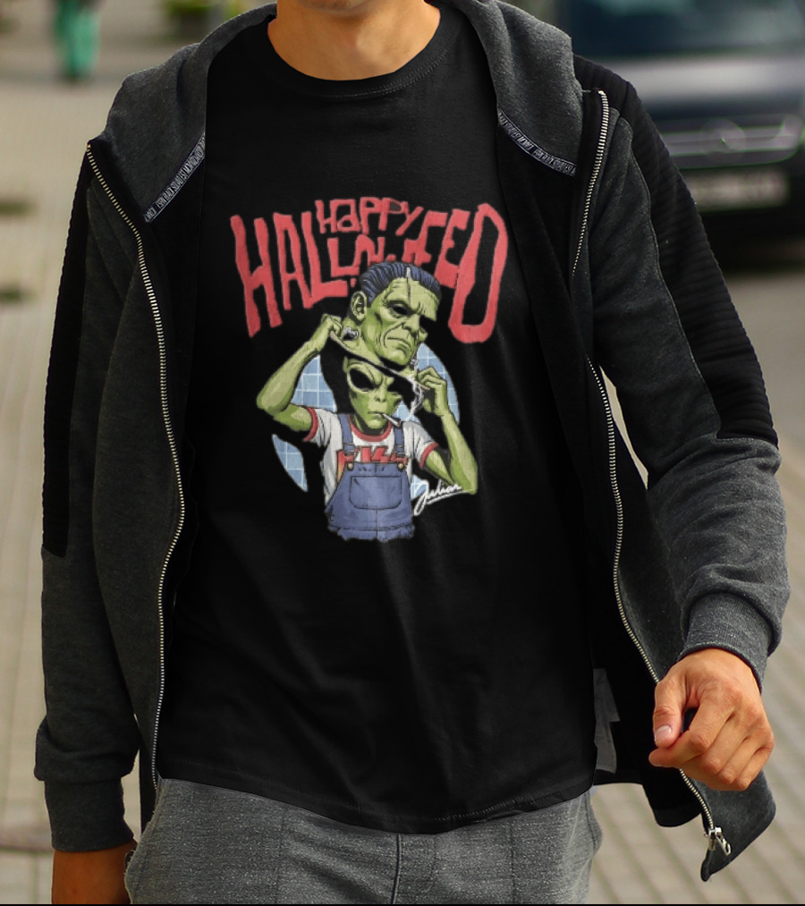 Happy Halloween Julian Green Alien Frankenstein Smoking Cigarette T-Shirt