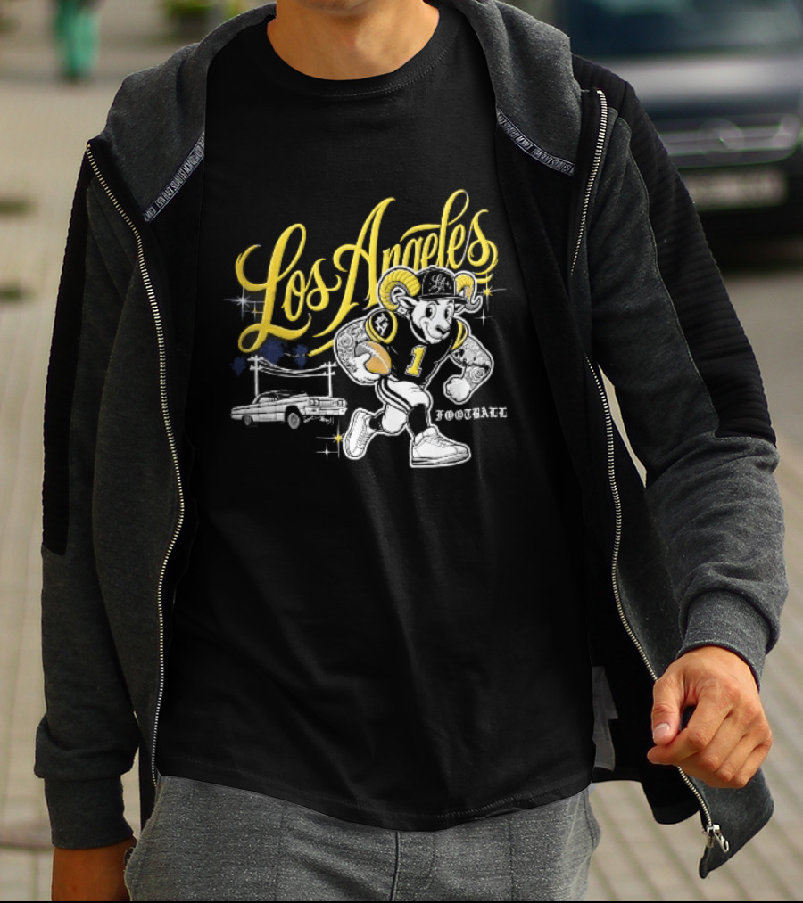 Los Angeles Rams Cartoon Ram Running Lowrider Car Football T-Shirt