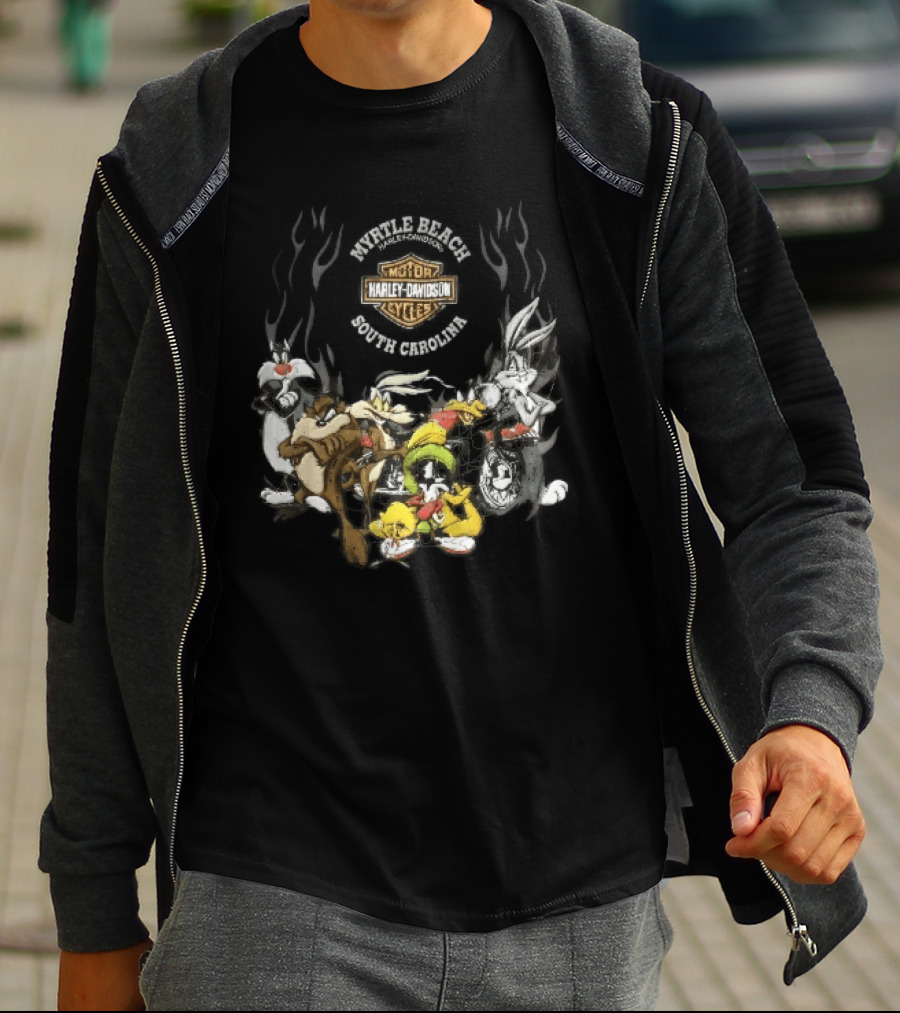 Myrtle Beach Harley Davidson Motor Cycles South Carolina Looney Tunes Bugs Bunny Daffy Duck Taz Sylvester Wile E Coyote T-Shirt