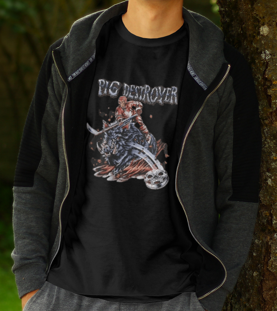Pig Destroyer Skeleton Hockey Player Riding Wild Boar Skull Puck T-Shirt