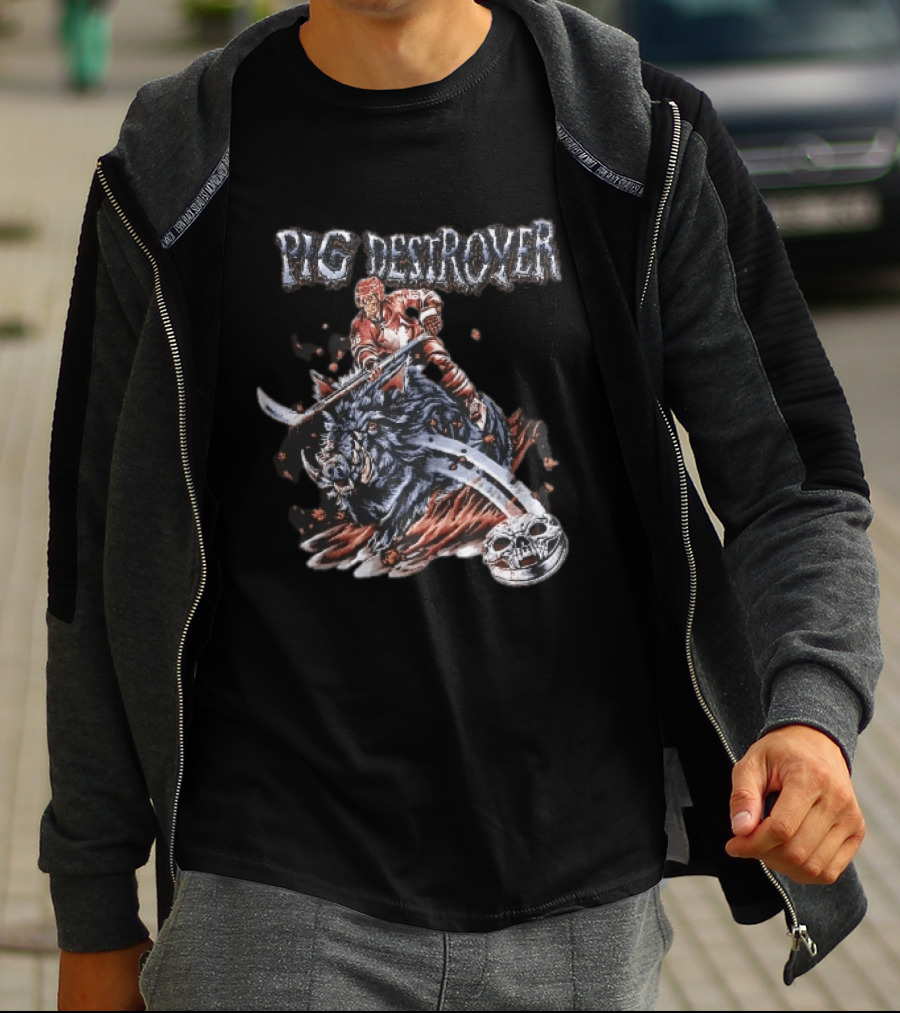 Pig Destroyer Skeleton Hockey Player Riding Wild Boar Skull Puck T-Shirt