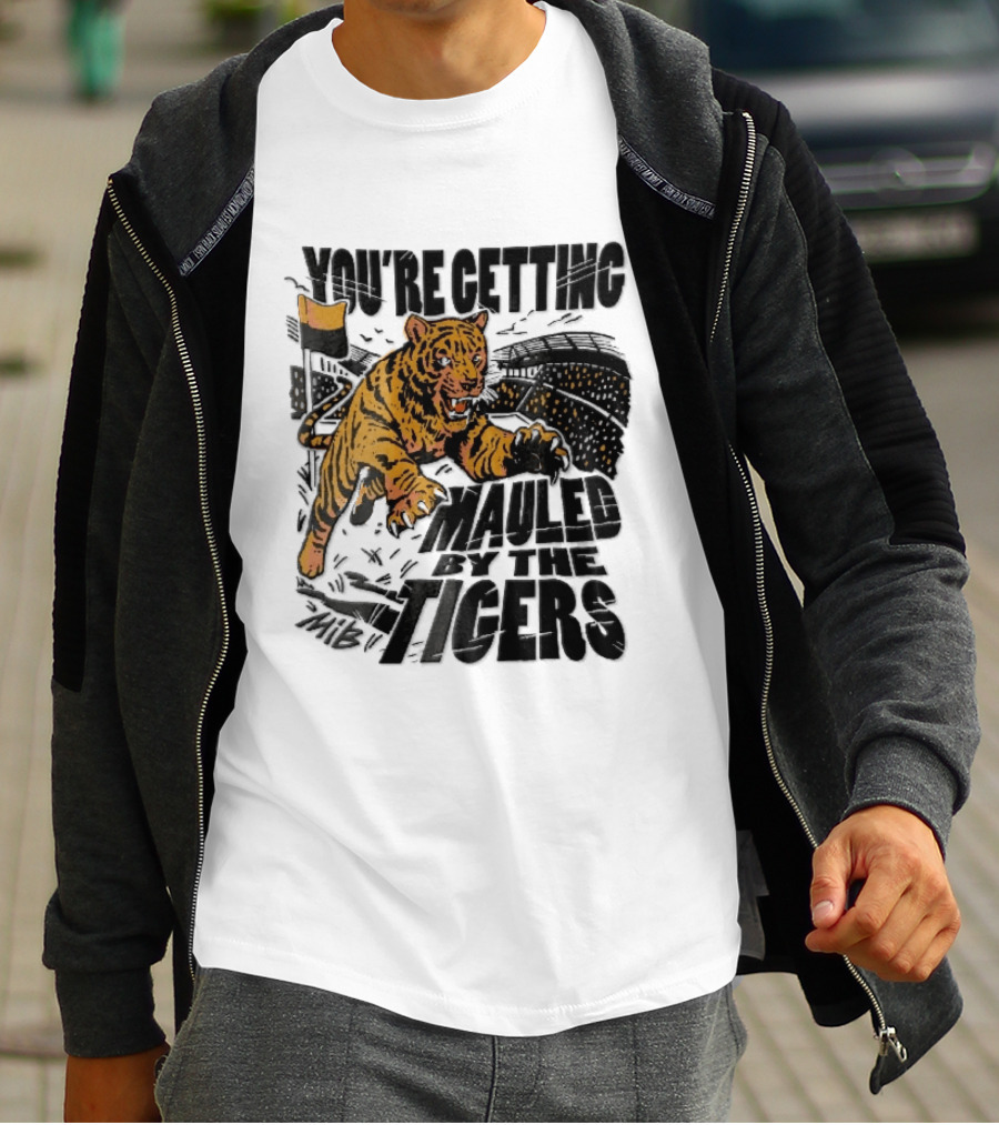 You're Getting Mauled By The Tigers Leaping Aggressive Stadium Crowd Corner Flag Woodcut T-Shirt