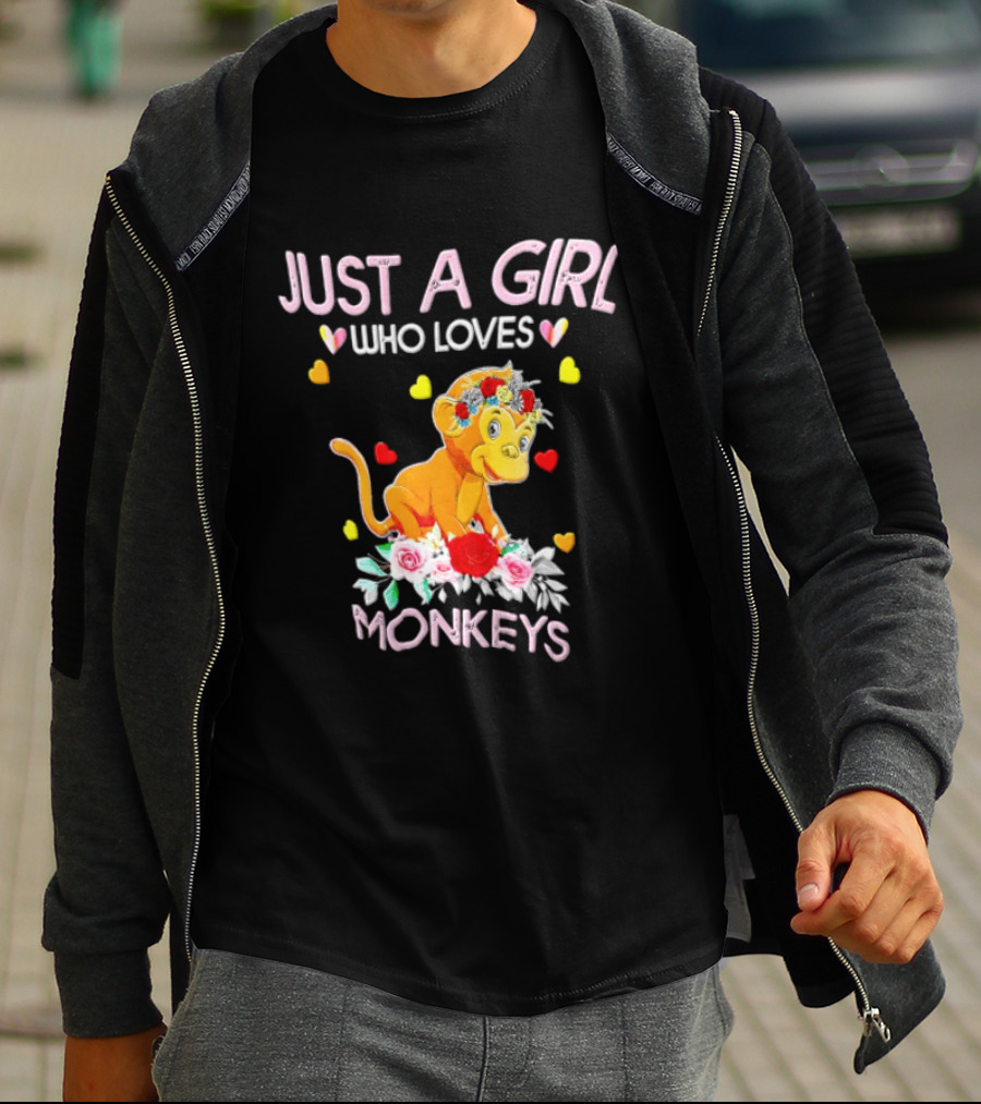 Just A Girl Who Loves Monkeys With Hearts And Flowers T-Shirt