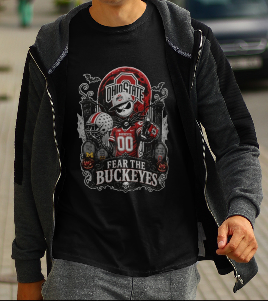 Ohio State Fear The Buckeyes Jack Skellington Halloween Skeleton Football Pumpkins Gravestones T-Shirt