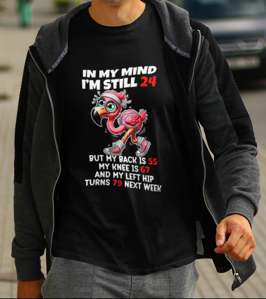 In My Mind I'm Still 24 Flamingo Back Is 55 Knee Is 67 Left Hip 79 Next Week T-Shirt
