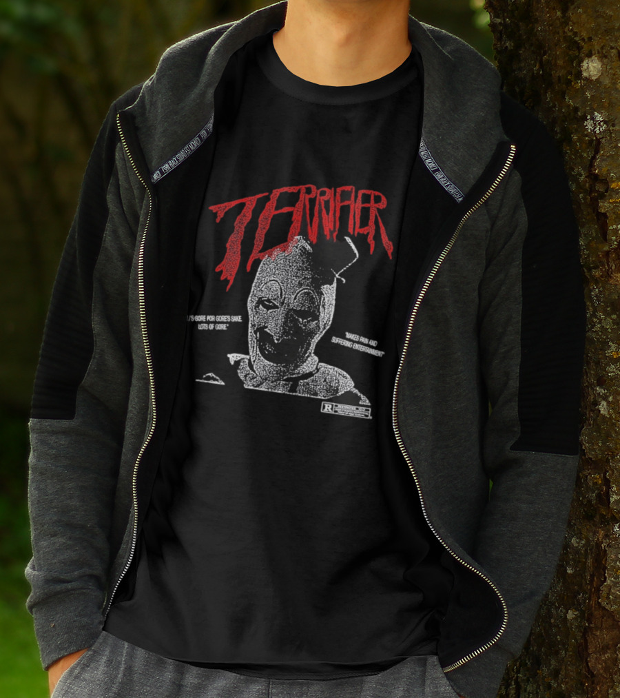 Terrifier Official Art Clown Grim Imagery Horror Cult Video Nsfw Warning T-Shirt