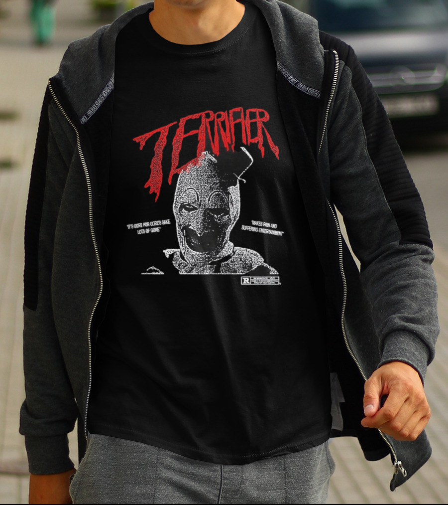 Terrifier Official Art Clown Grim Imagery Horror Cult Video Nsfw Warning T-Shirt