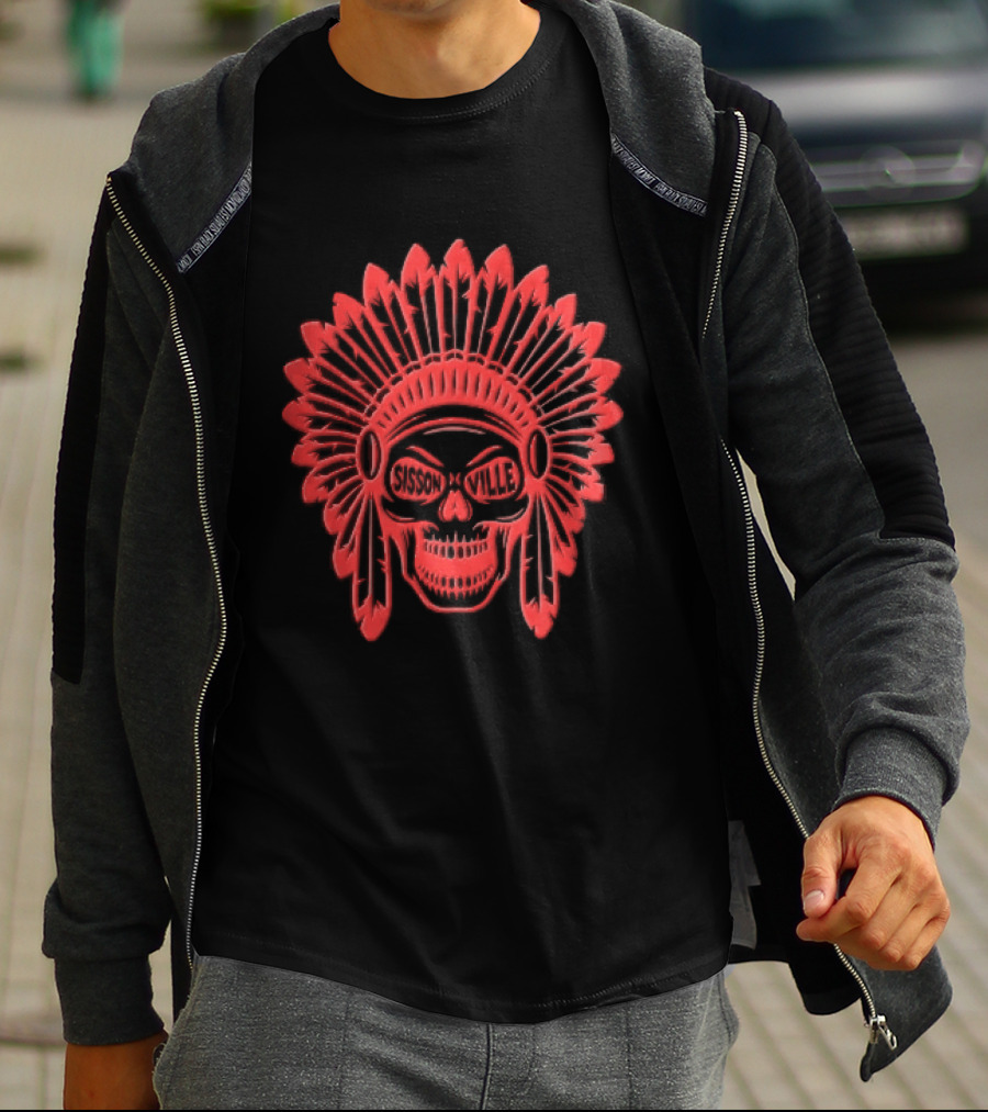 Sissonville Indian Chief Skull Headdress Red Feather Motif T-Shirt