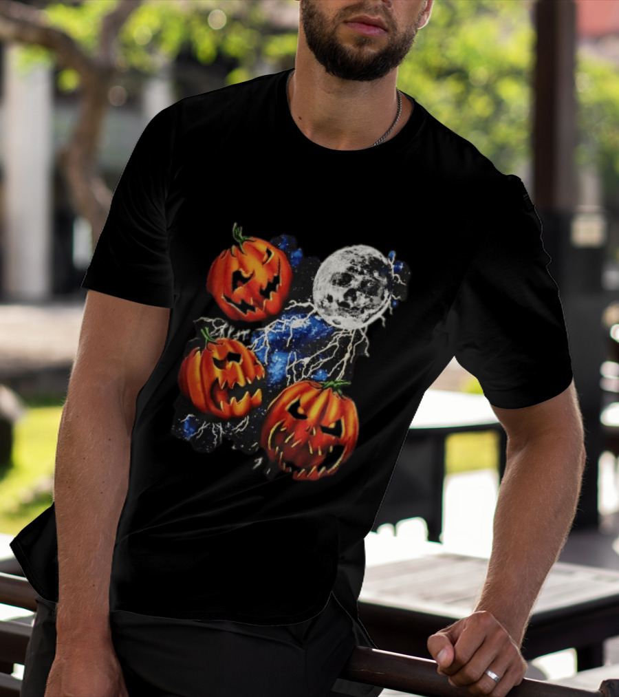 Halloween Pumpkins Skull Moon Lightning T-Shirt