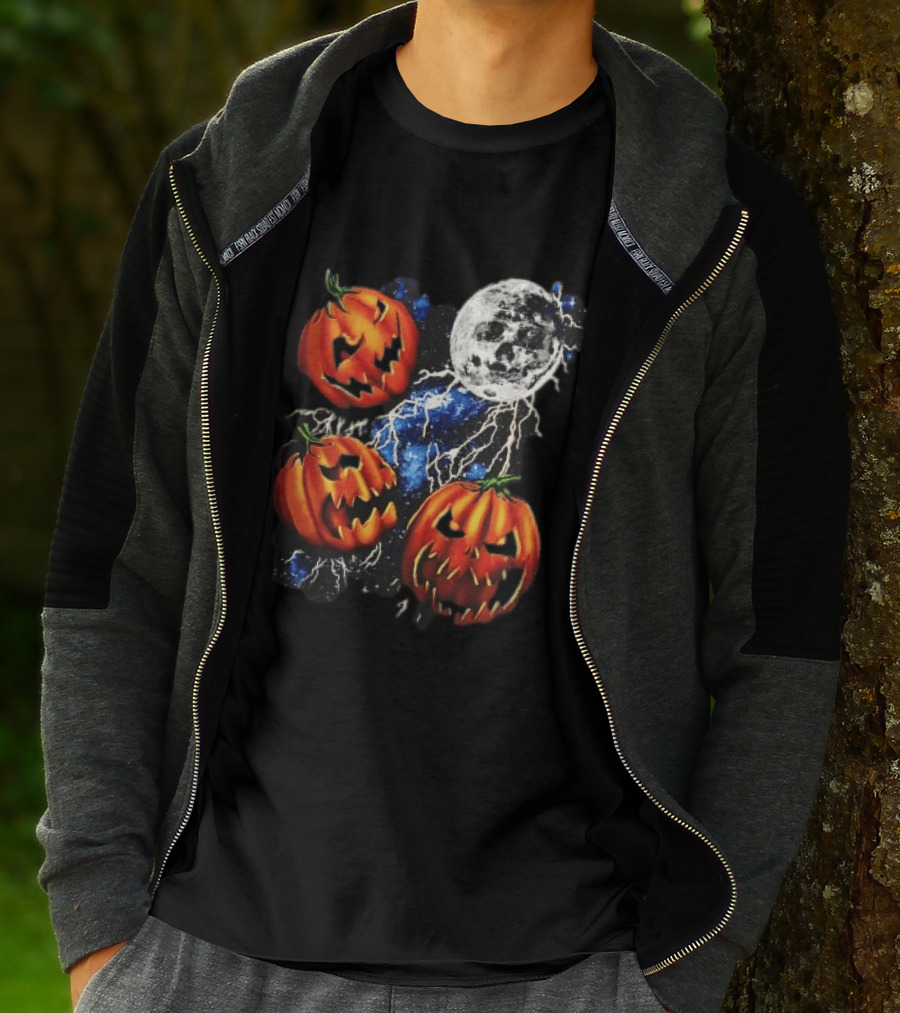 Halloween Pumpkins Skull Moon Lightning T-Shirt