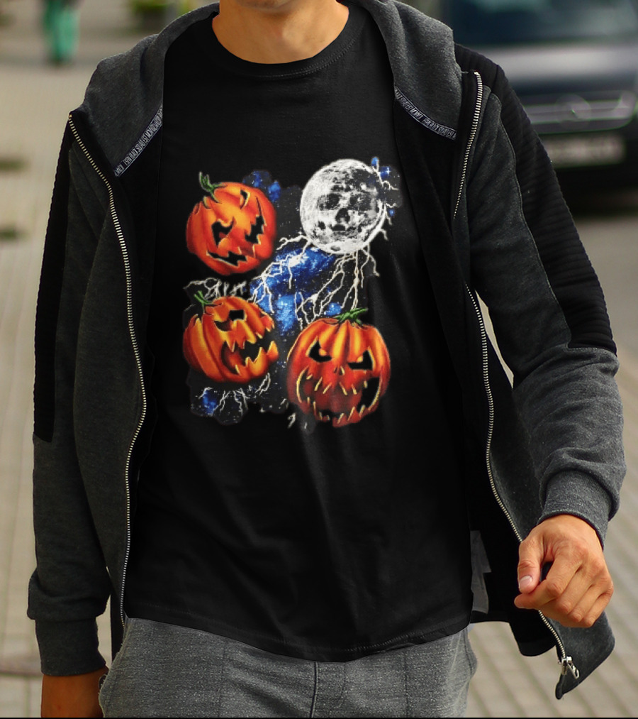 Halloween Pumpkins Skull Moon Lightning T-Shirt