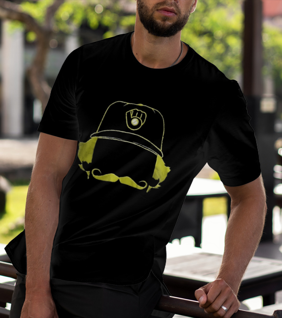 Milwaukee Brewers Iconic Logo Hat Mustache Hair T-Shirt