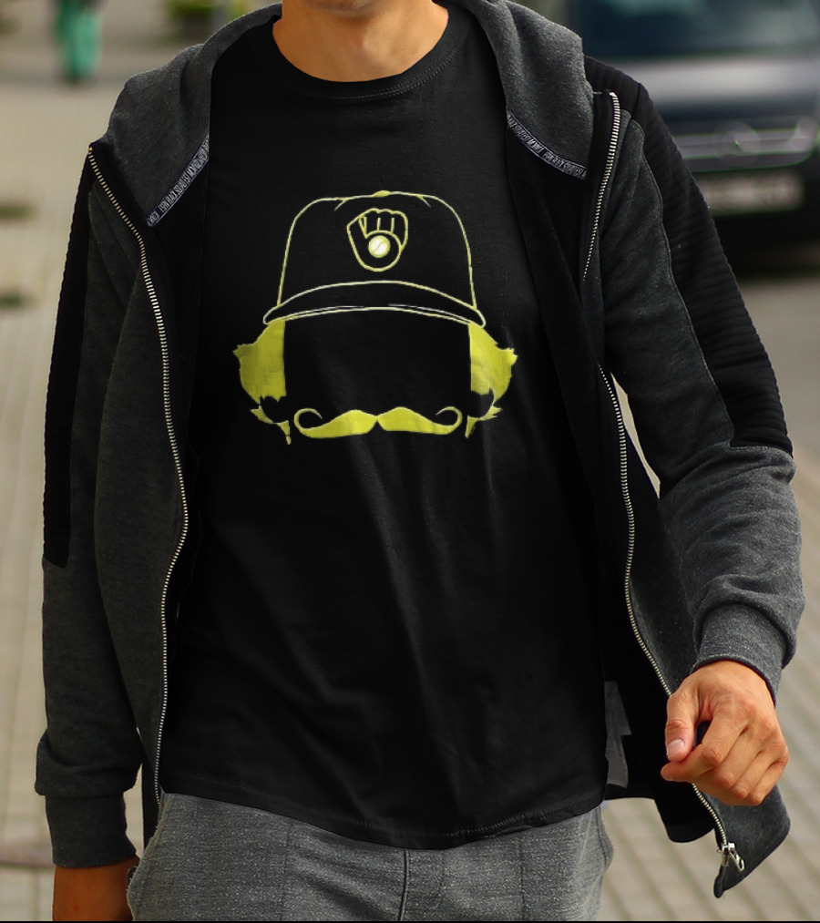 Milwaukee Brewers Iconic Logo Hat Mustache Hair T-Shirt