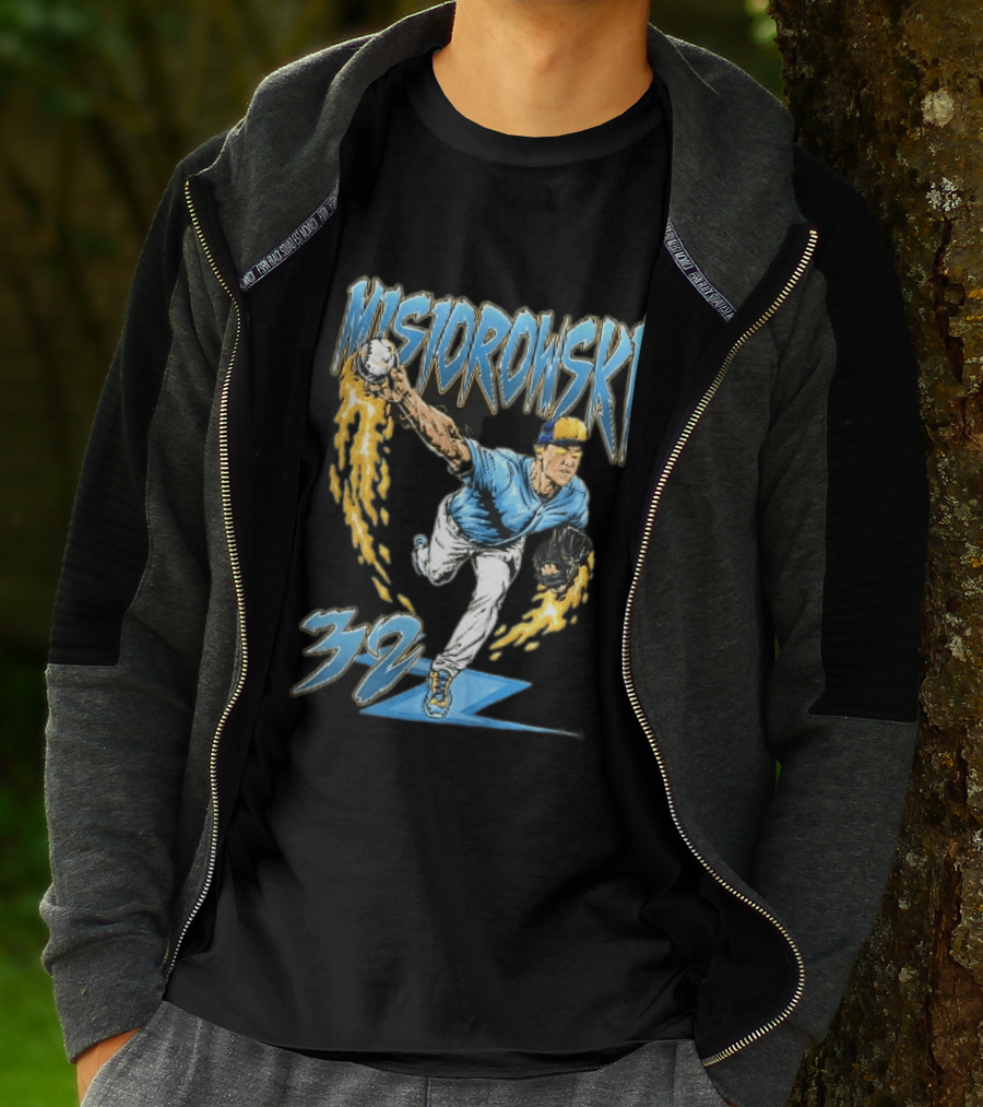Misiorowski 32 Baseball Pitcher Throwing Flaming Ball In Action T-Shirt