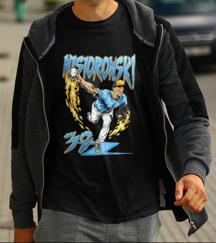 Misiorowski 32 Baseball Pitcher Throwing Flaming Ball In Action T-Shirt