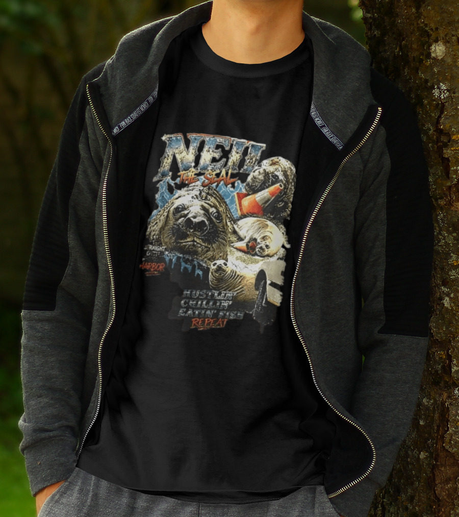 Neil The Seal Hustler Chillin Eating Fish Harbor Animal Warning Cone Repeat T-Shirt