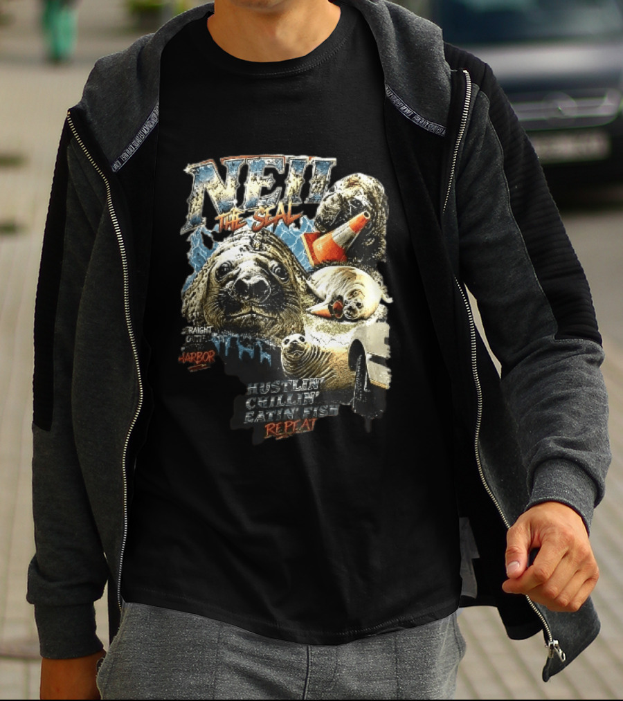 Neil The Seal Hustler Chillin Eating Fish Harbor Animal Warning Cone Repeat T-Shirt