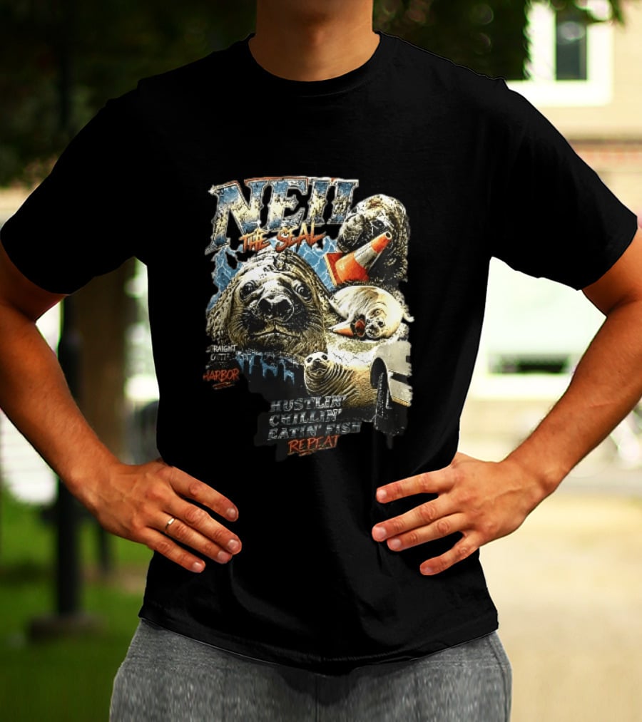 Neil The Seal Hustler Chillin Eating Fish Harbor Animal Warning Cone Repeat T-Shirt