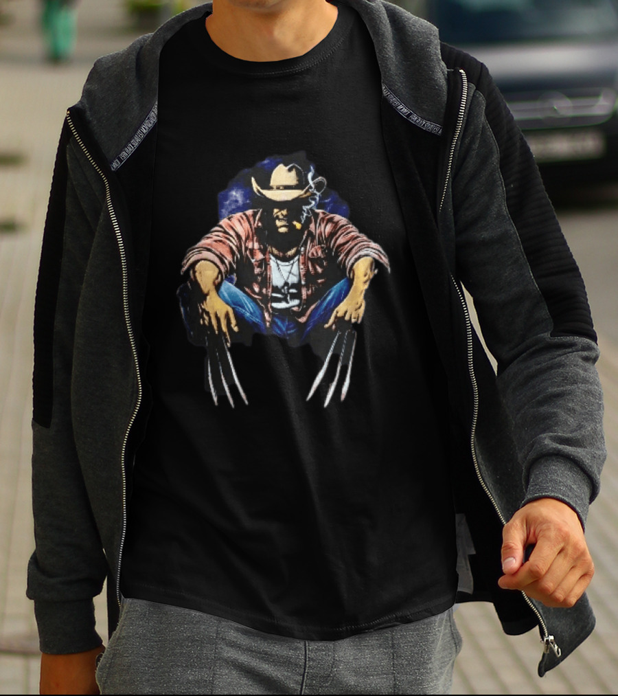 Wolverine Cowboy Hat Cigar Claws Sitting Pose T-Shirt