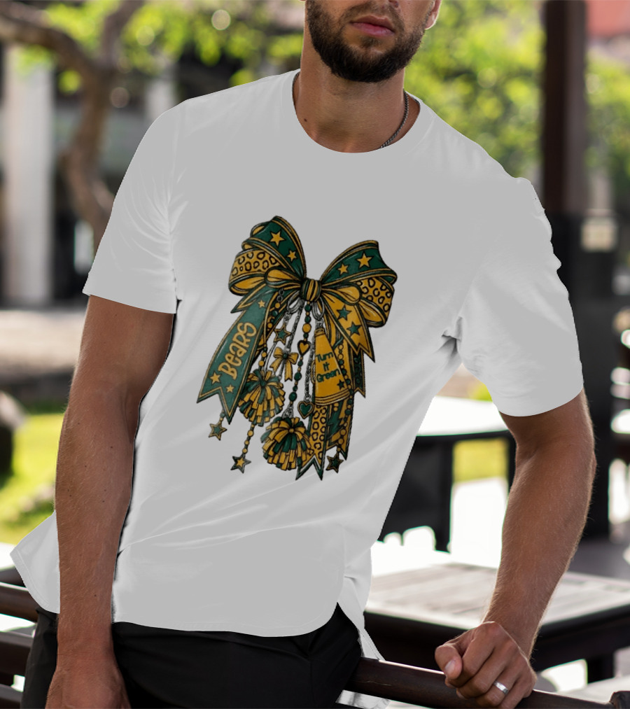 Bears Turn It Green Cheer Bow Stars And Pom Poms T-Shirt
