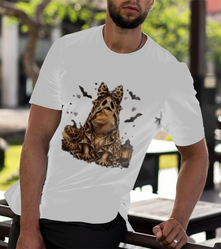 Bewitched Bearded Dragon Cloaked In Leopard Print With Lantern And Bats T-Shirt
