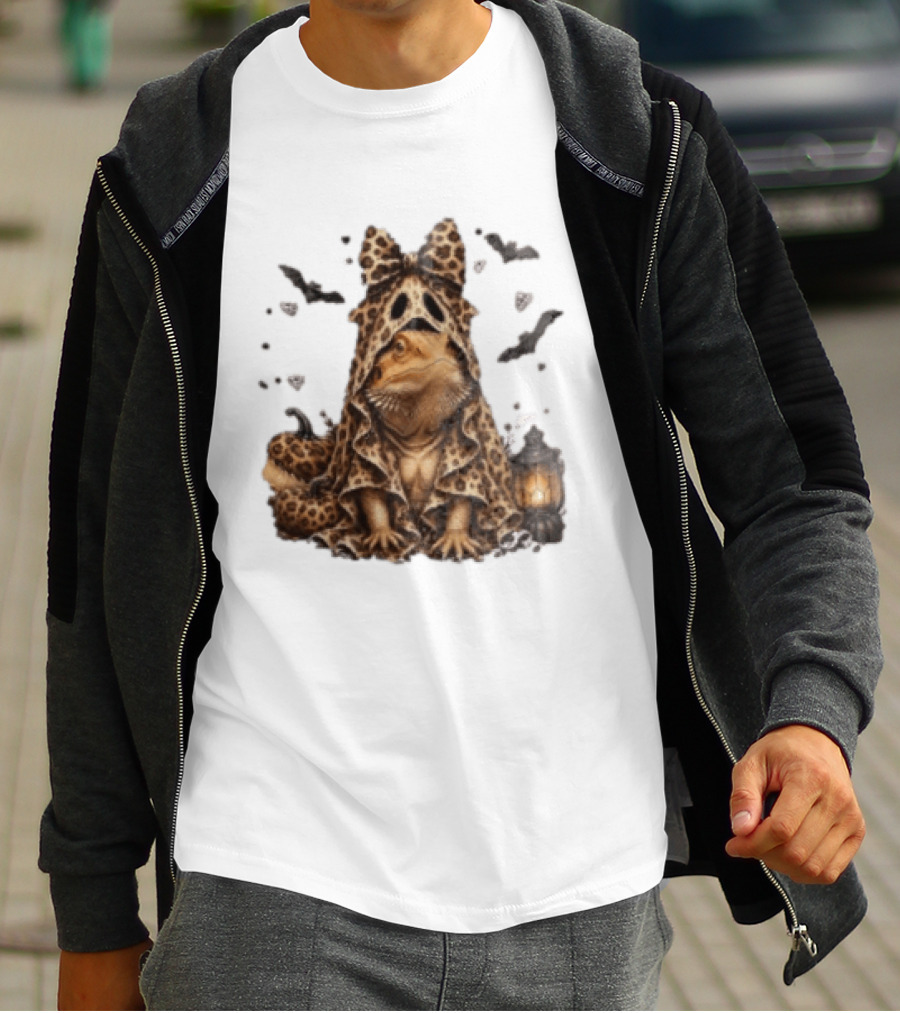 Bewitched Bearded Dragon Cloaked In Leopard Print With Lantern And Bats T-Shirt