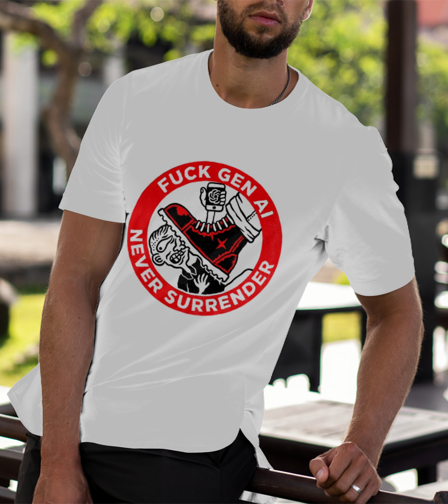 Fuck Gen AI Never Surrender Boot And Fist Circle T-Shirt