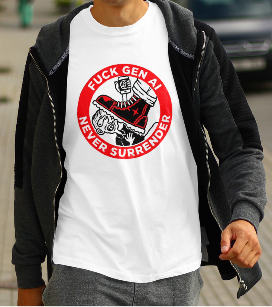 Fuck Gen AI Never Surrender Boot And Fist Circle T-Shirt