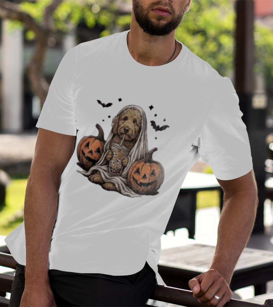 Goldendoodle Ghost With Boba Halloween Jack O'Lanterns And Bats T-Shirt