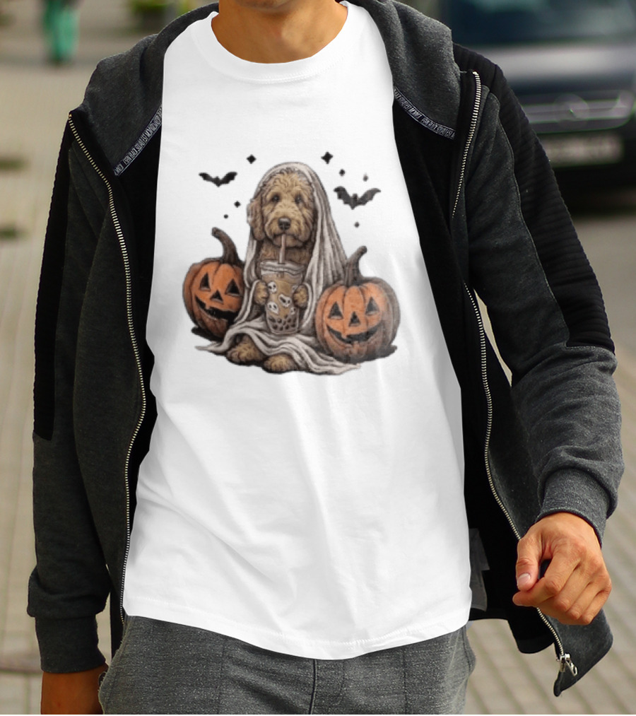 Goldendoodle Ghost With Boba Halloween Jack O'Lanterns And Bats T-Shirt