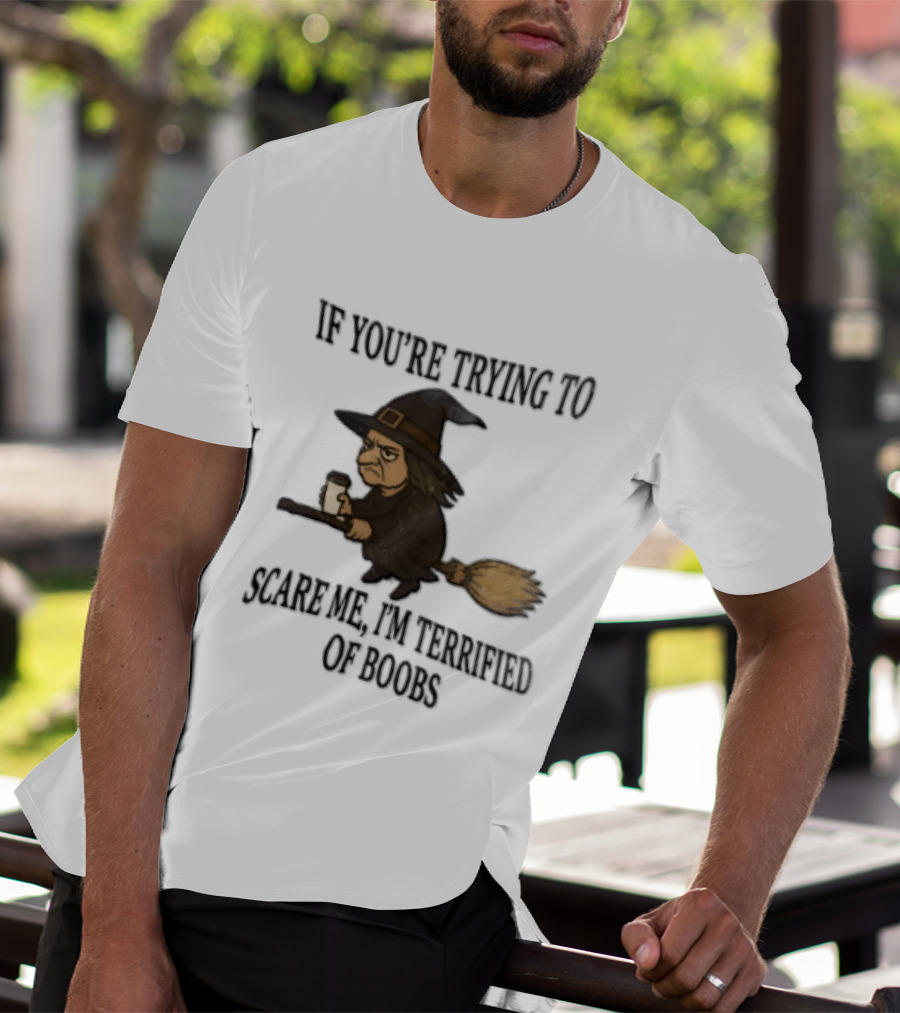 Witch Humor If You're Trying To Scare Me I'm Terrified Of Boobs Broomstick Flying T-Shirt