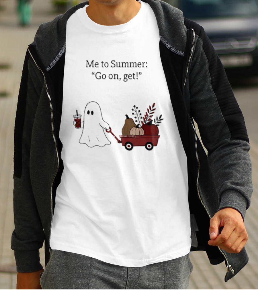 Me To Summer Go On Get Ghost With Pumpkin And Fall Leaves Wagon T-Shirt
