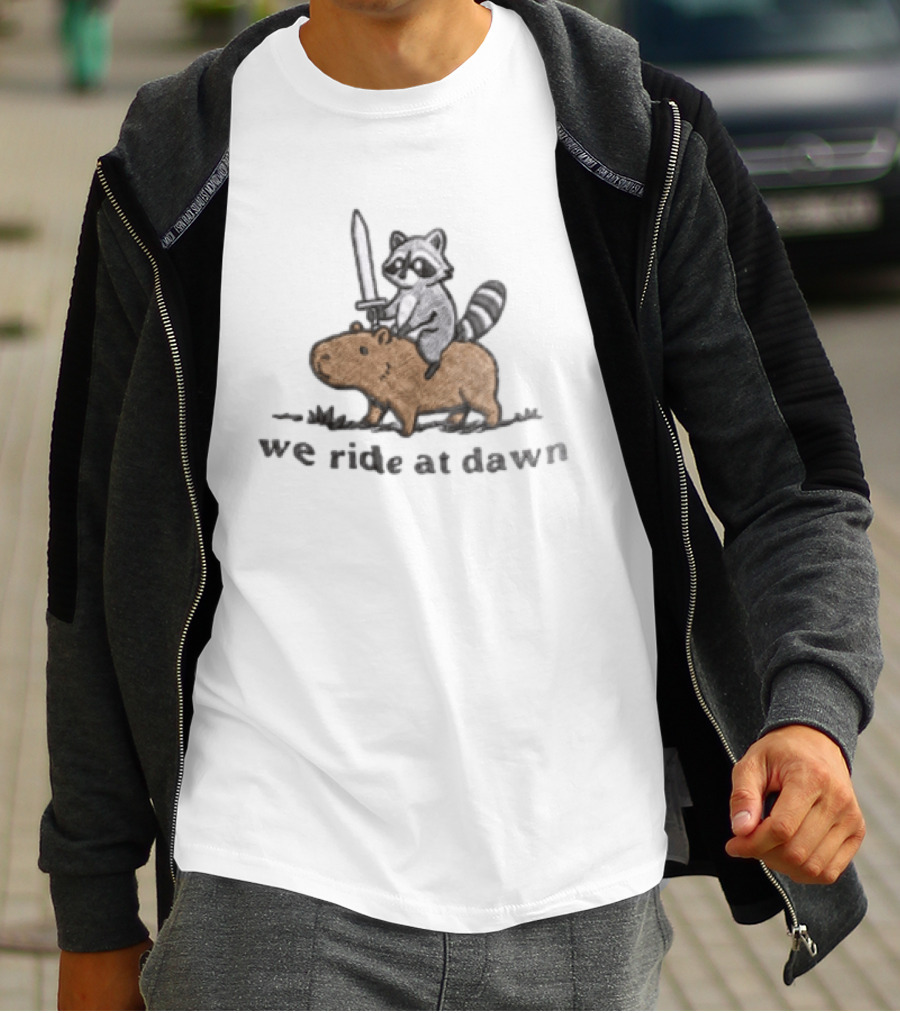 Raccoon Riding Capybara Sword We Ride At Dawn T-Shirt