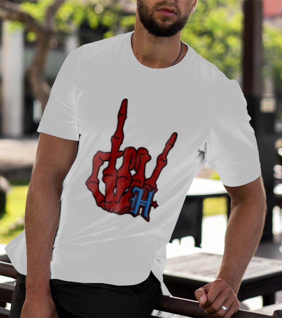 Red Skeleton Hand Sign With Blue H T-Shirt